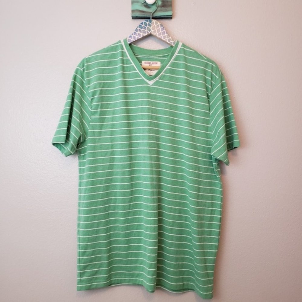 Hudson & Barrow NYC V Neck Green White Stripe Tee